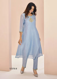 Light Blue Organza Handworked Party-Wear Readymade Designer Fusion Outfit