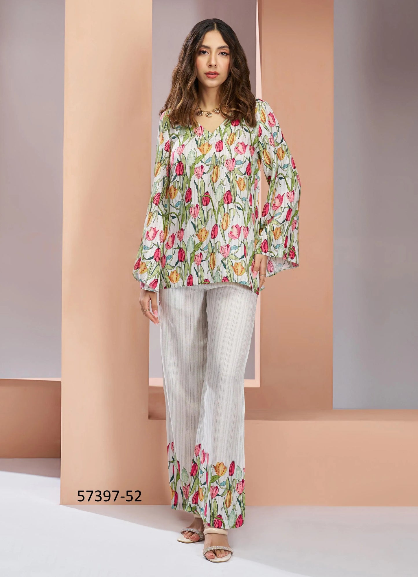 White Muslin Silk Printed Party-Wear Readymade Designer Fusion Outfit