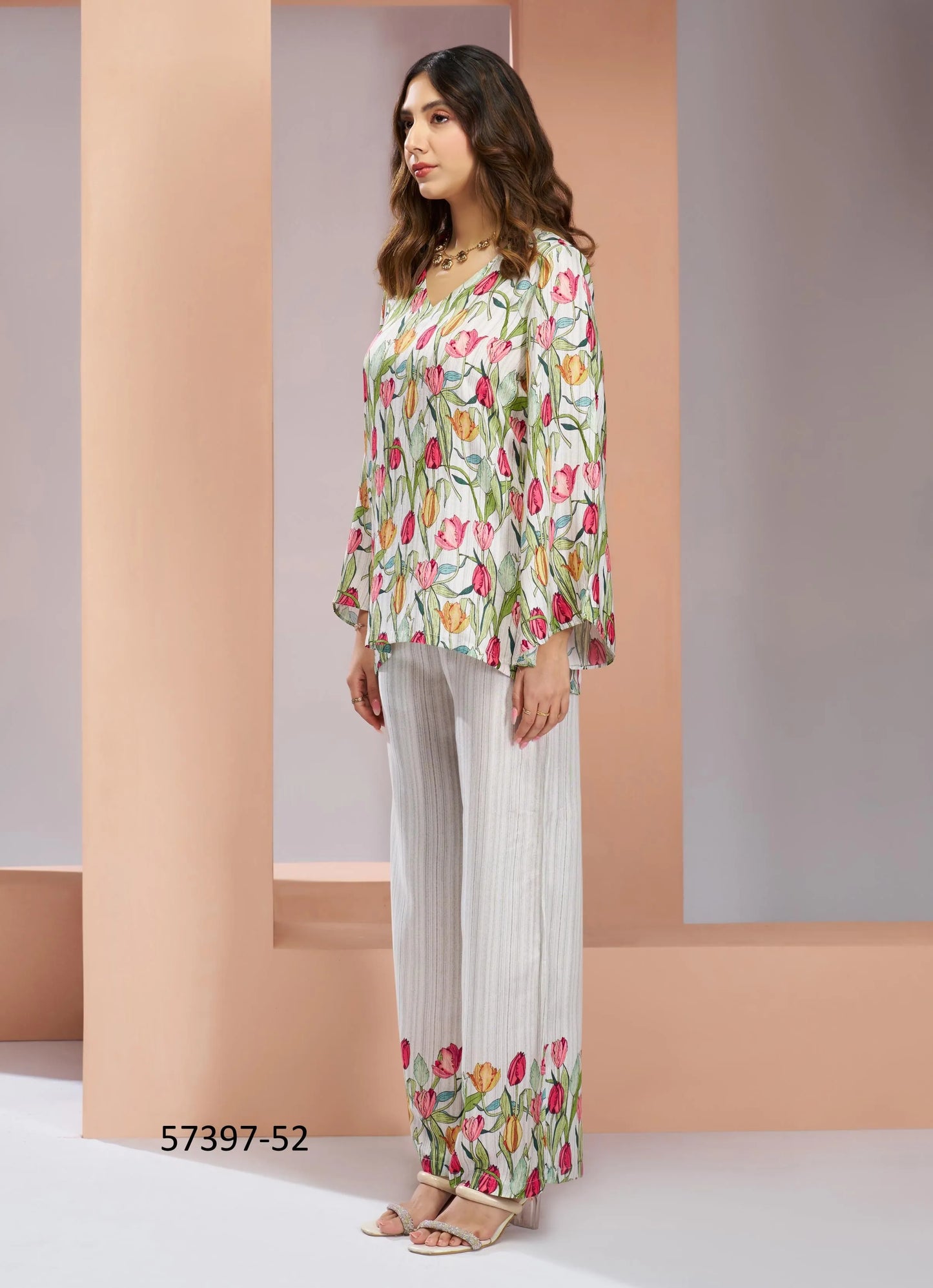 White Muslin Silk Printed Party-Wear Readymade Designer Fusion Outfit
