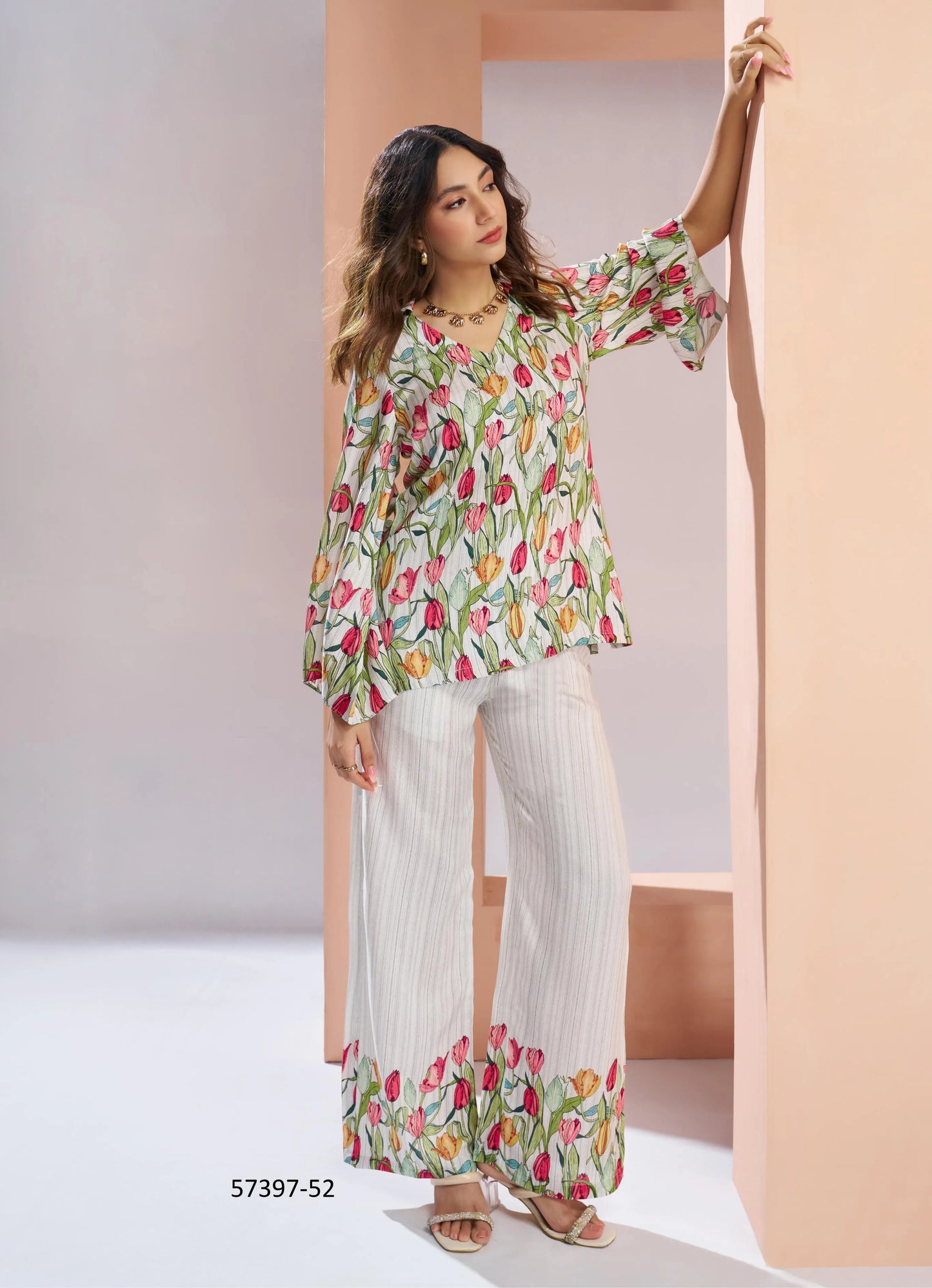 White Muslin Silk Printed Party-Wear Readymade Designer Fusion Outfit