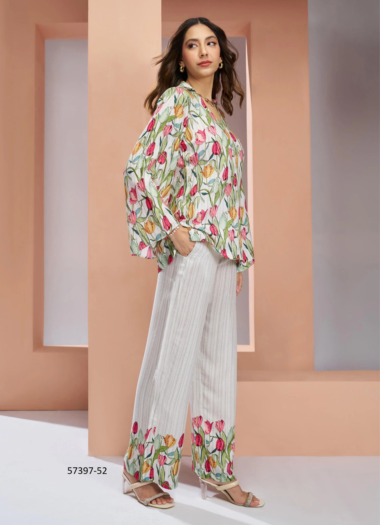 White Muslin Silk Printed Party-Wear Readymade Designer Fusion Outfit