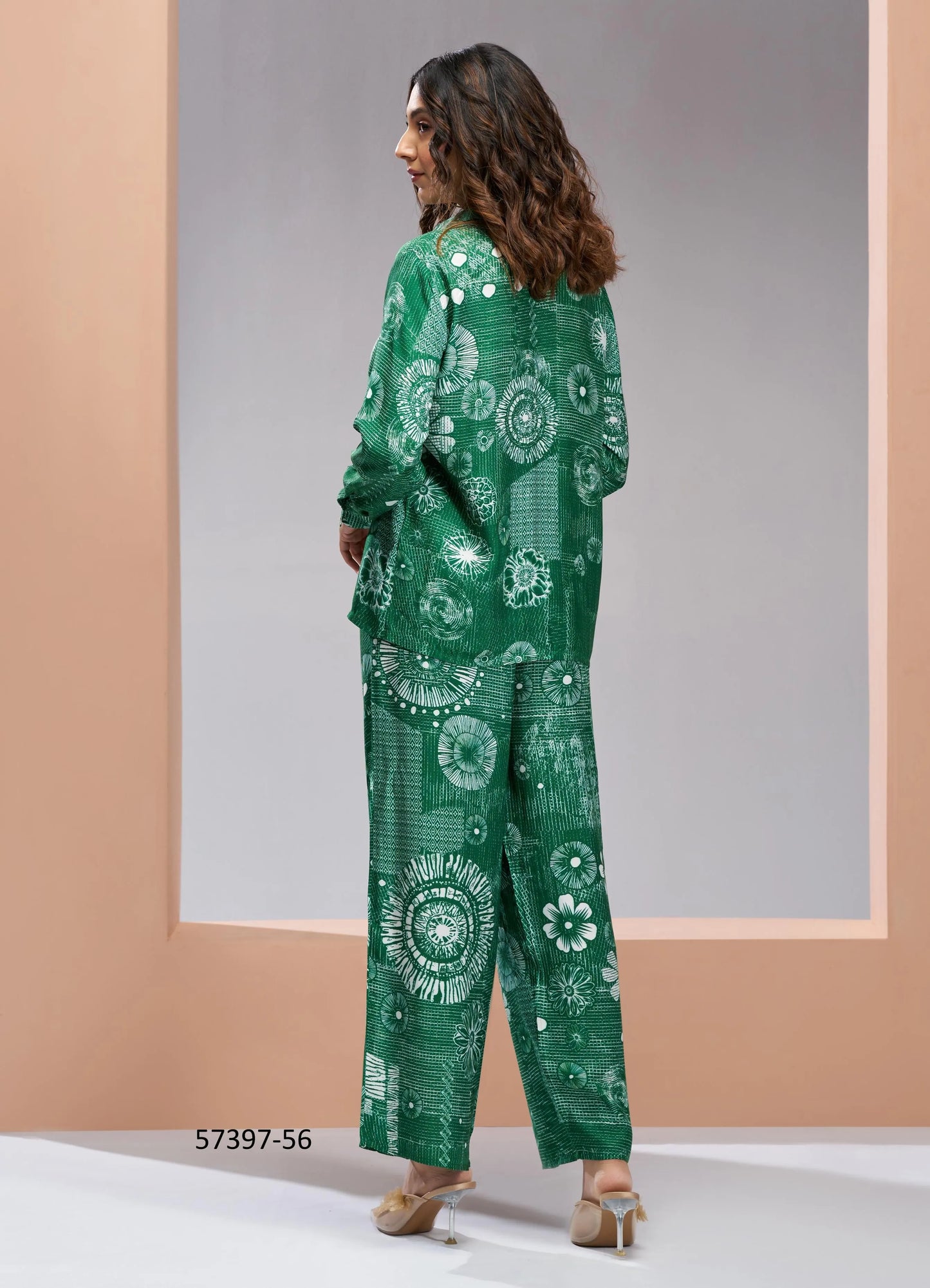 Green Muslin Silk Printed Party-Wear Readymade Designer Fusion Outfit