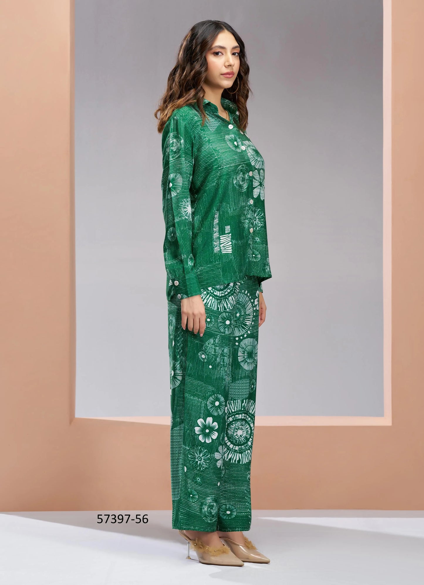 Green Muslin Silk Printed Party-Wear Readymade Designer Fusion Outfit