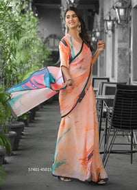 Peach Imported Georgette Digitally Printed Ready-To-Wear Gown-Styled Saree For Kitty-Parties