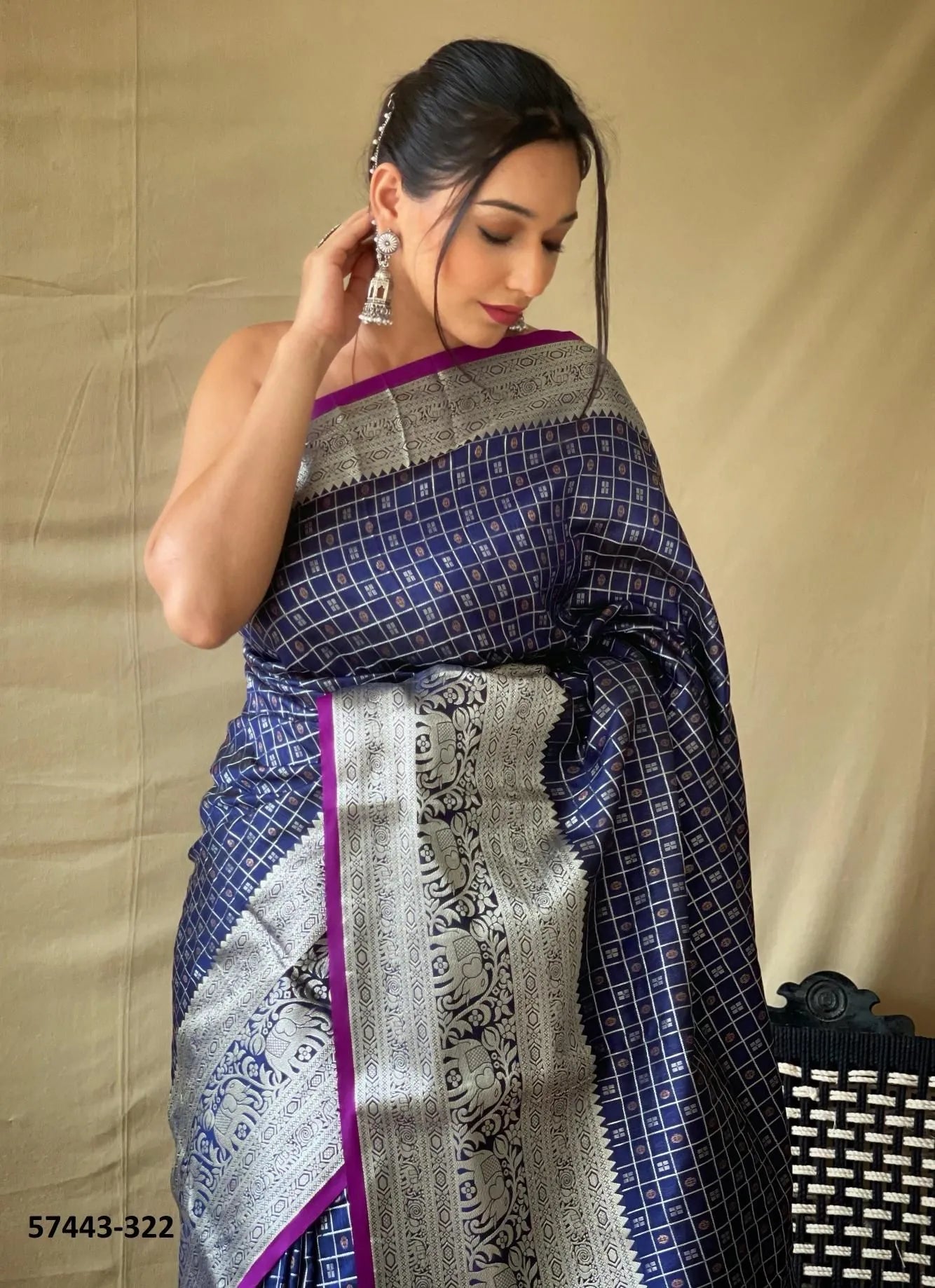 Blue Silk Woven Checks Saree For Traditional / Religious-Occasions