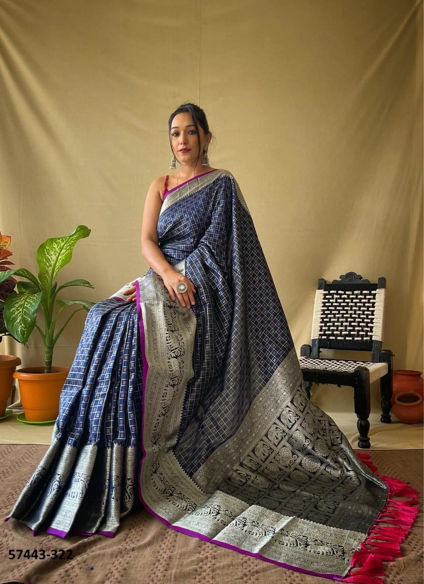 Blue Silk Woven Checks Saree For Traditional / Religious-Occasions