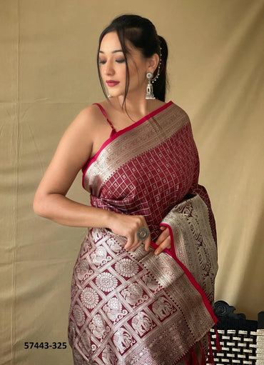 Wine Silk Woven Checks Saree For Traditional / Religious-Occasions