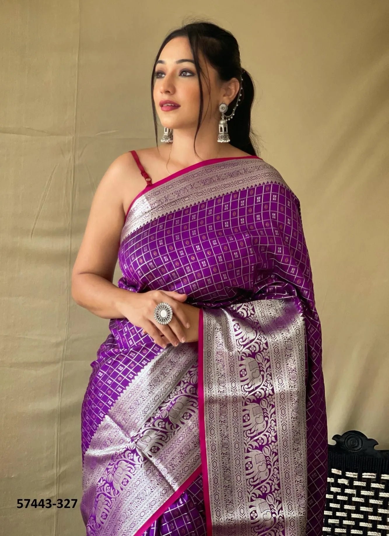 Purple Silk Woven Checks Saree For Traditional / Religious-Occasions