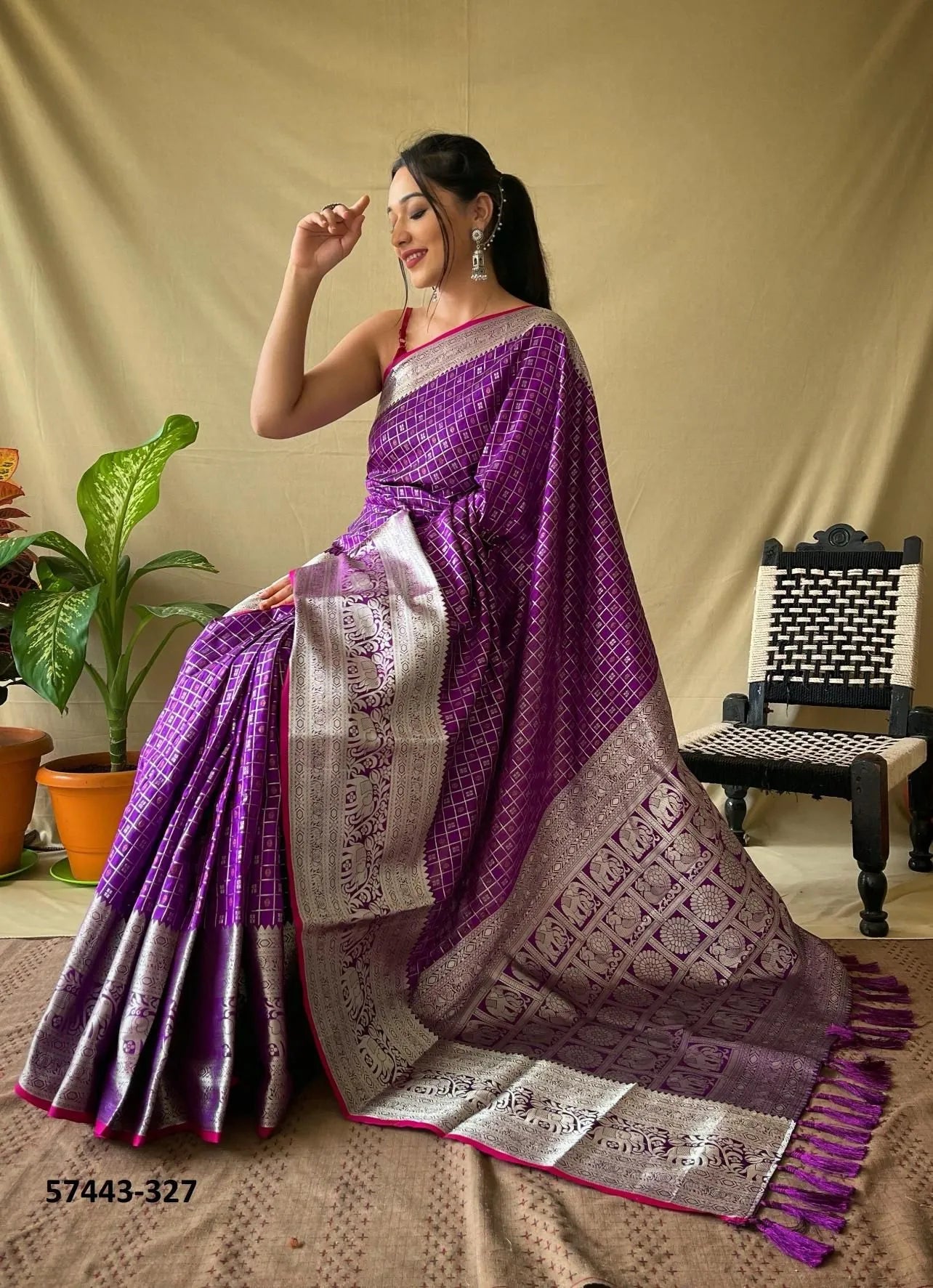 Purple Silk Woven Checks Saree For Traditional / Religious-Occasions