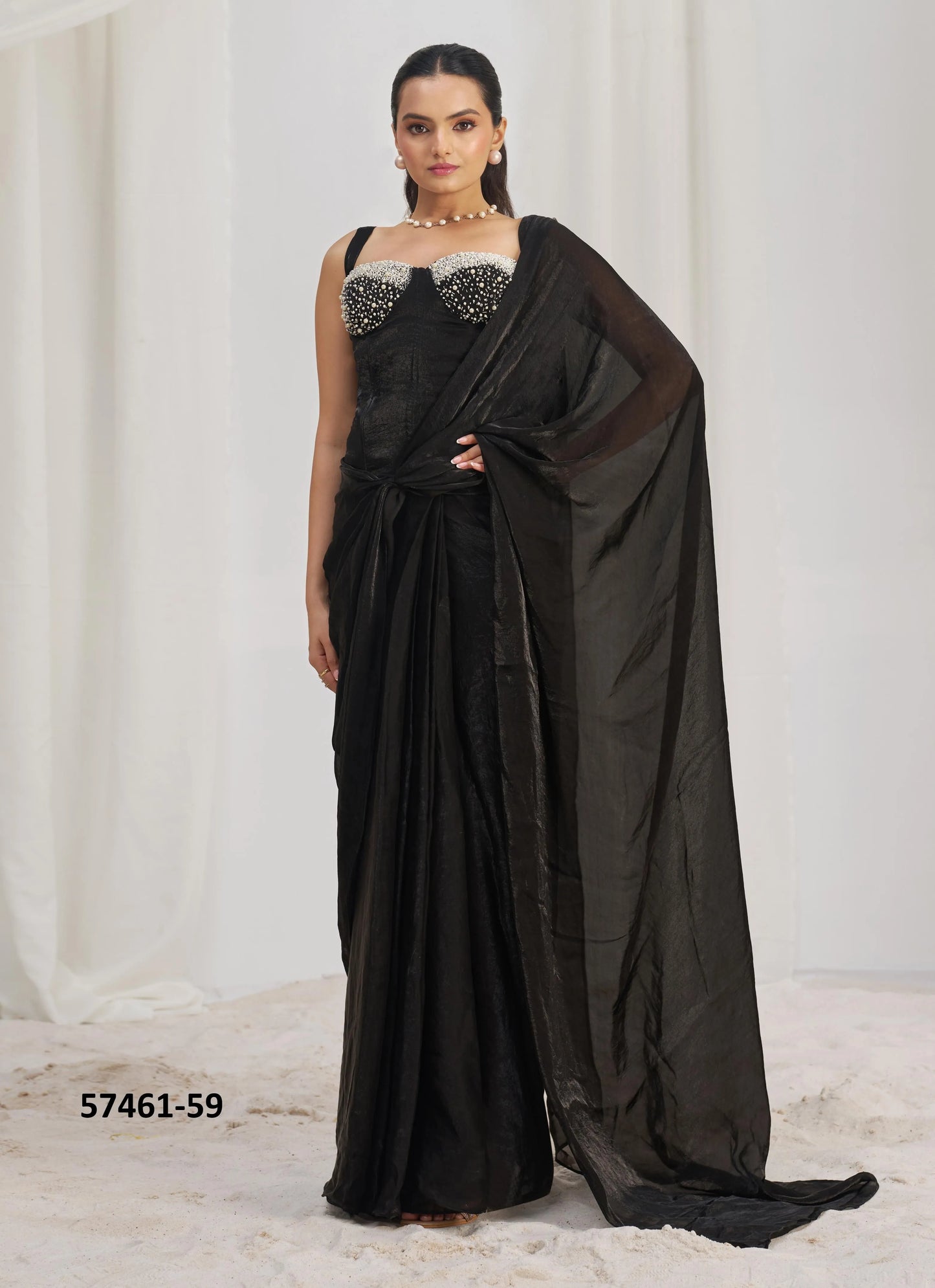 Black Organza Handworked Wedding-Wear Ready-To-Wear Saree