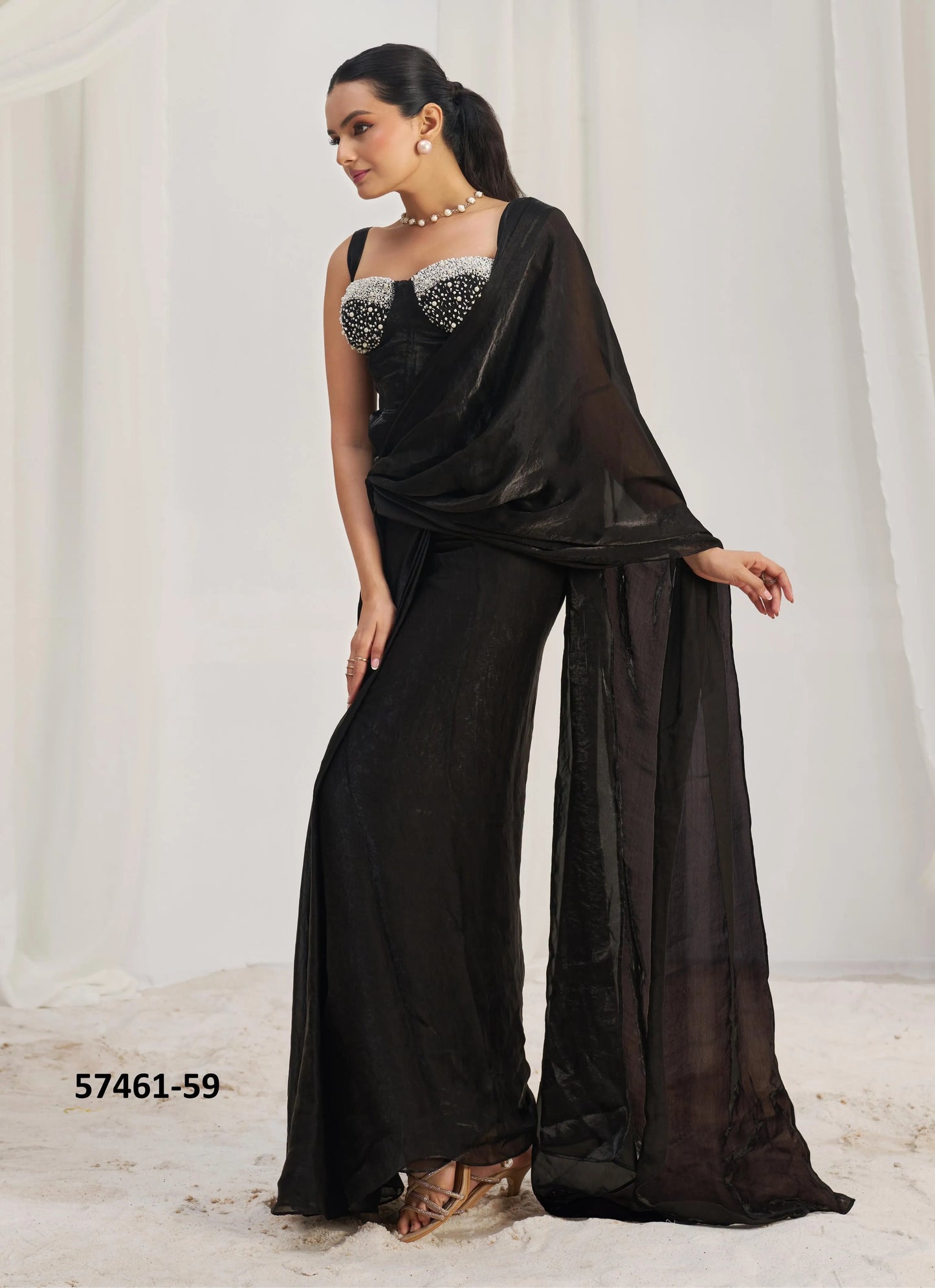 Black Organza Handworked Wedding-Wear Ready-To-Wear Saree