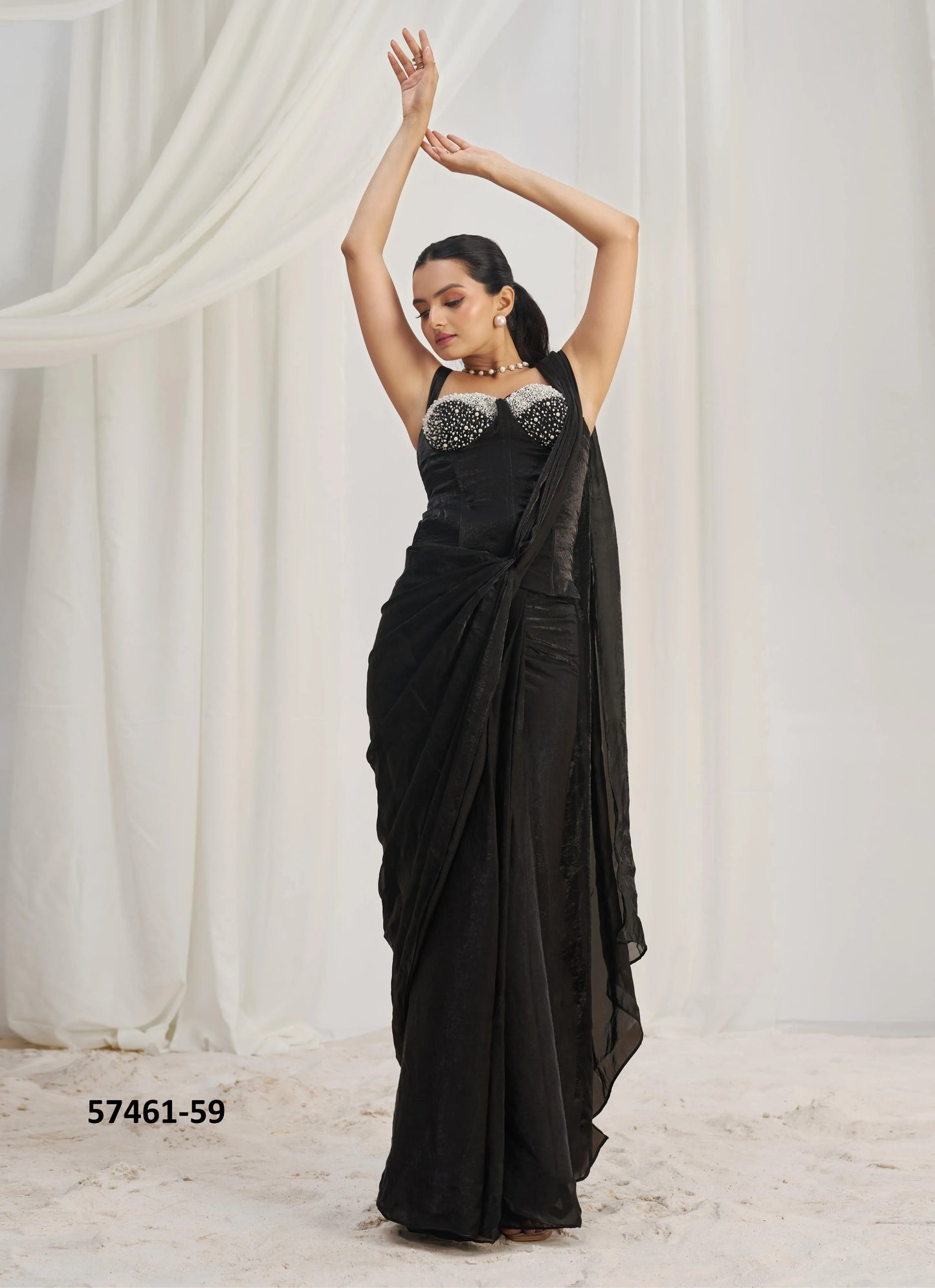 Black Organza Handworked Wedding-Wear Ready-To-Wear Saree