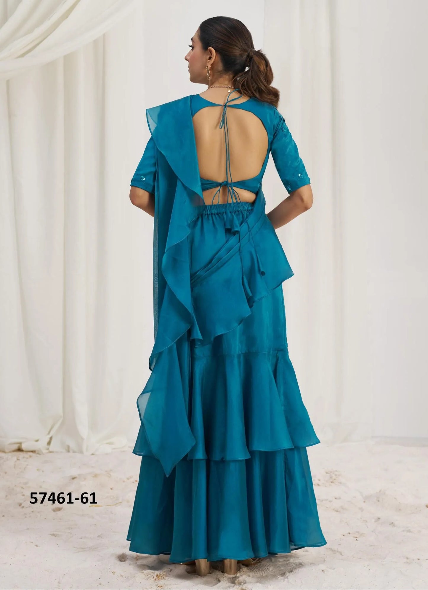 Aqua Blue Organza Handworked Wedding-Wear Ready-To-Wear Saree