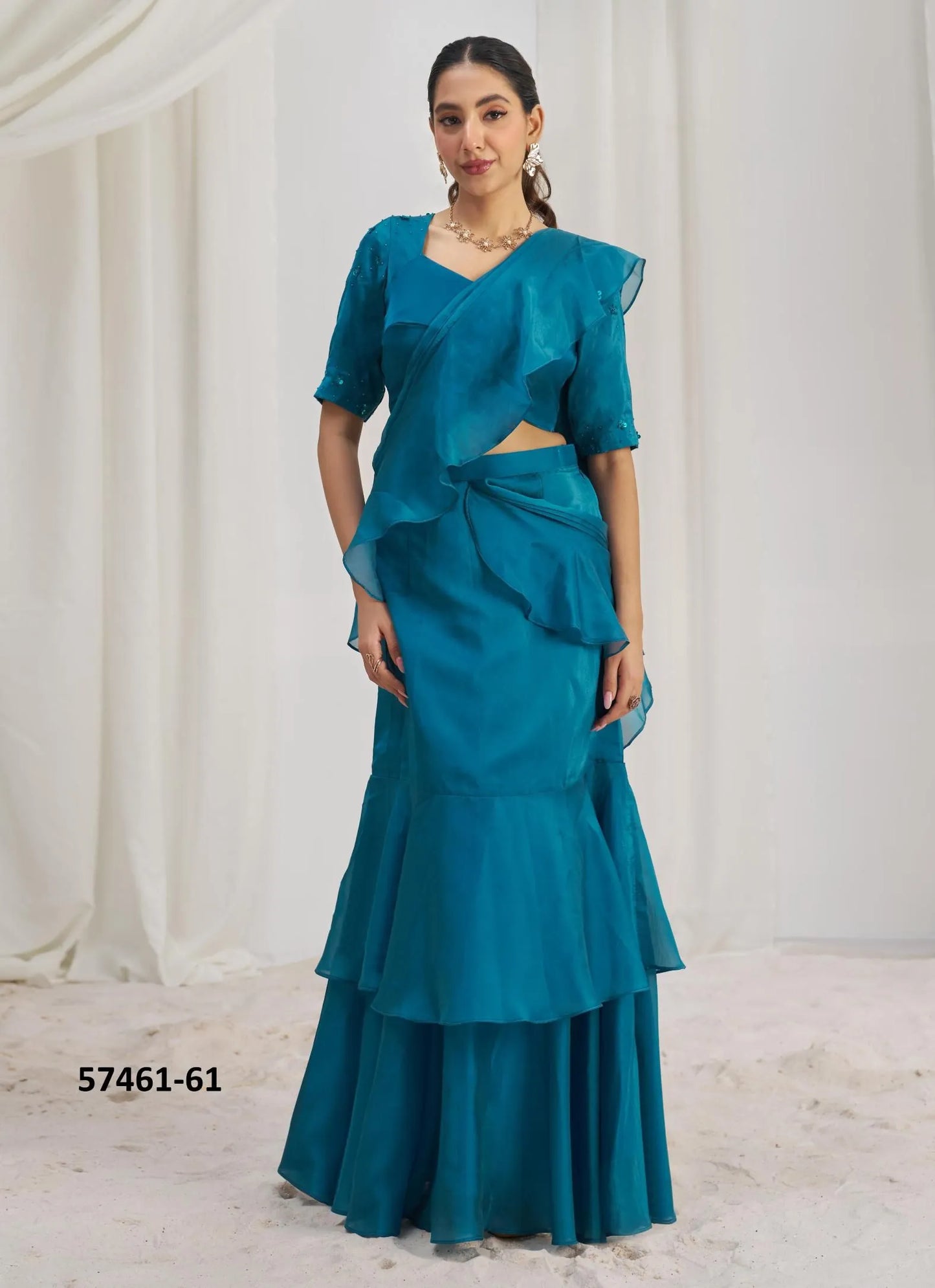 Aqua Blue Organza Handworked Wedding-Wear Ready-To-Wear Saree