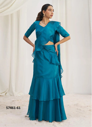 Aqua Blue Organza Handworked Wedding-Wear Ready-To-Wear Saree