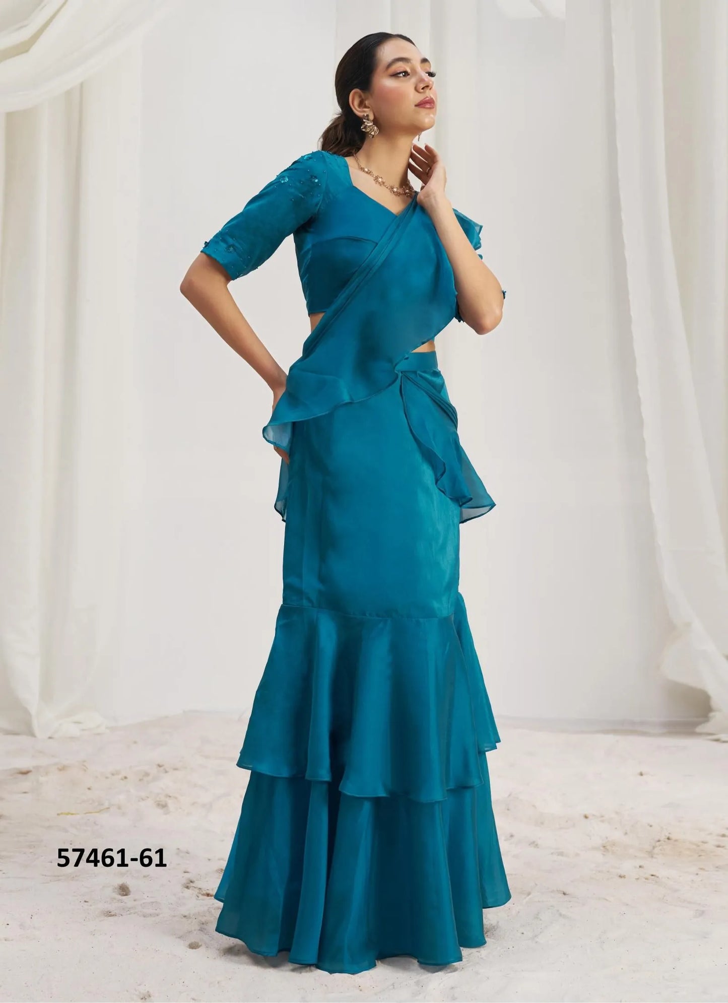Aqua Blue Organza Handworked Wedding-Wear Ready-To-Wear Saree
