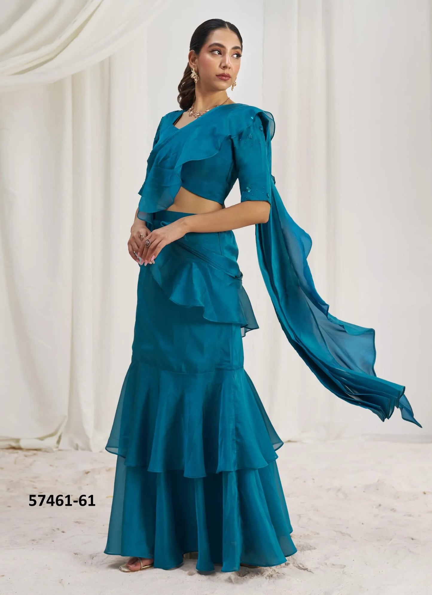 Aqua Blue Organza Handworked Wedding-Wear Ready-To-Wear Saree