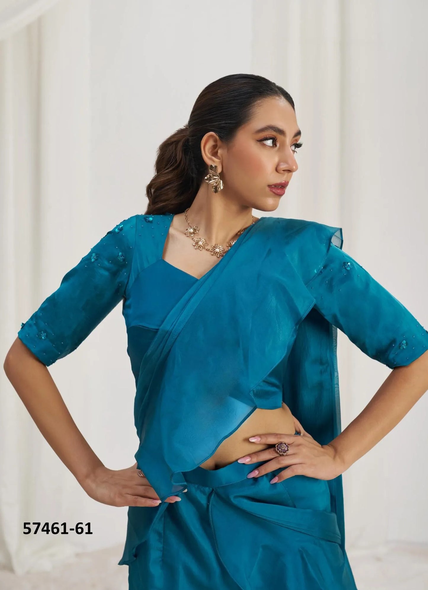 Aqua Blue Organza Handworked Wedding-Wear Ready-To-Wear Saree