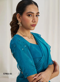 Aqua Blue Organza Handworked Wedding-Wear Ready-To-Wear Saree