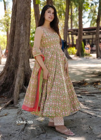 Olive Green Muslin Digitally Printed Readymade Anarkali Salwar Kameez For Kitty-Parties