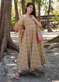 Olive Green Muslin Digitally Printed Readymade Anarkali Salwar Kameez For Kitty-Parties