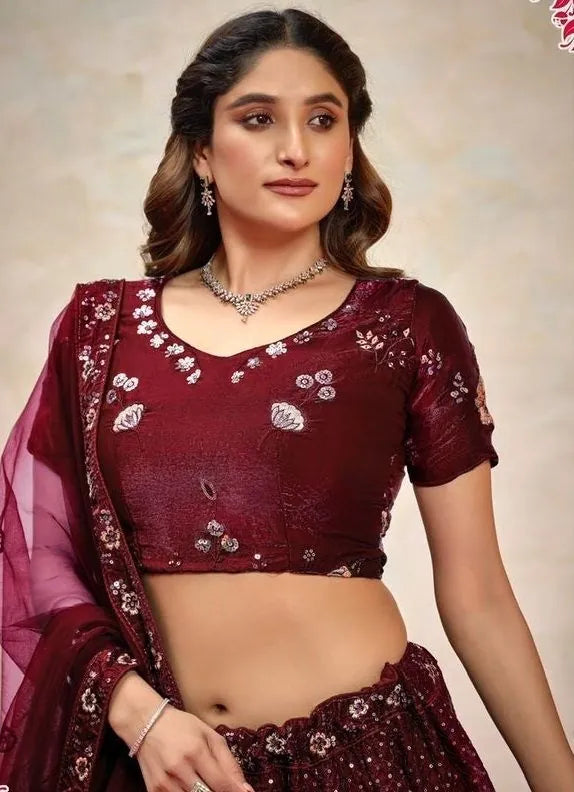 Wine Silk Sequins-Work Wedding-Wear Gliterring Lehenga Choli