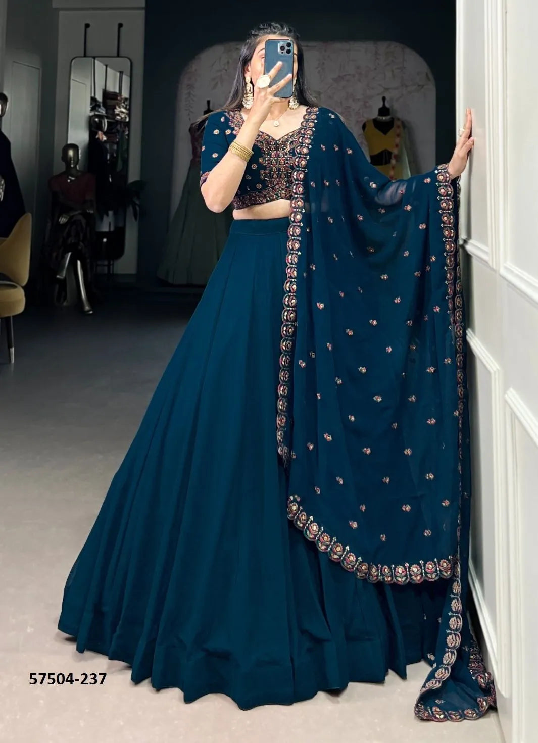 Navy Blue Georgette Sequins-Work Party-Wear Traditional Lehenga Choli