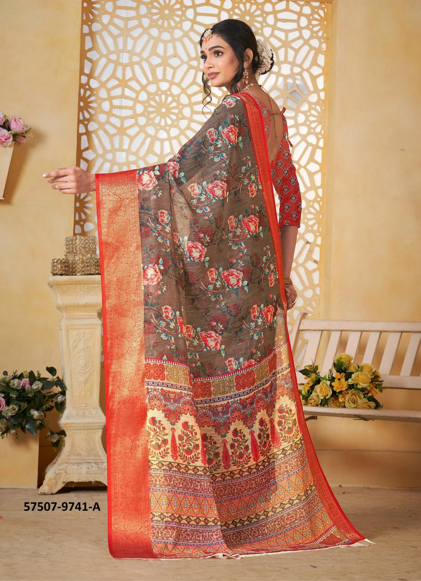 Warm Gray Linen Floral Digitally Printed Festive-Wear Saree
