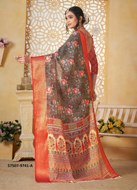 Warm Gray Linen Floral Digitally Printed Festive-Wear Saree