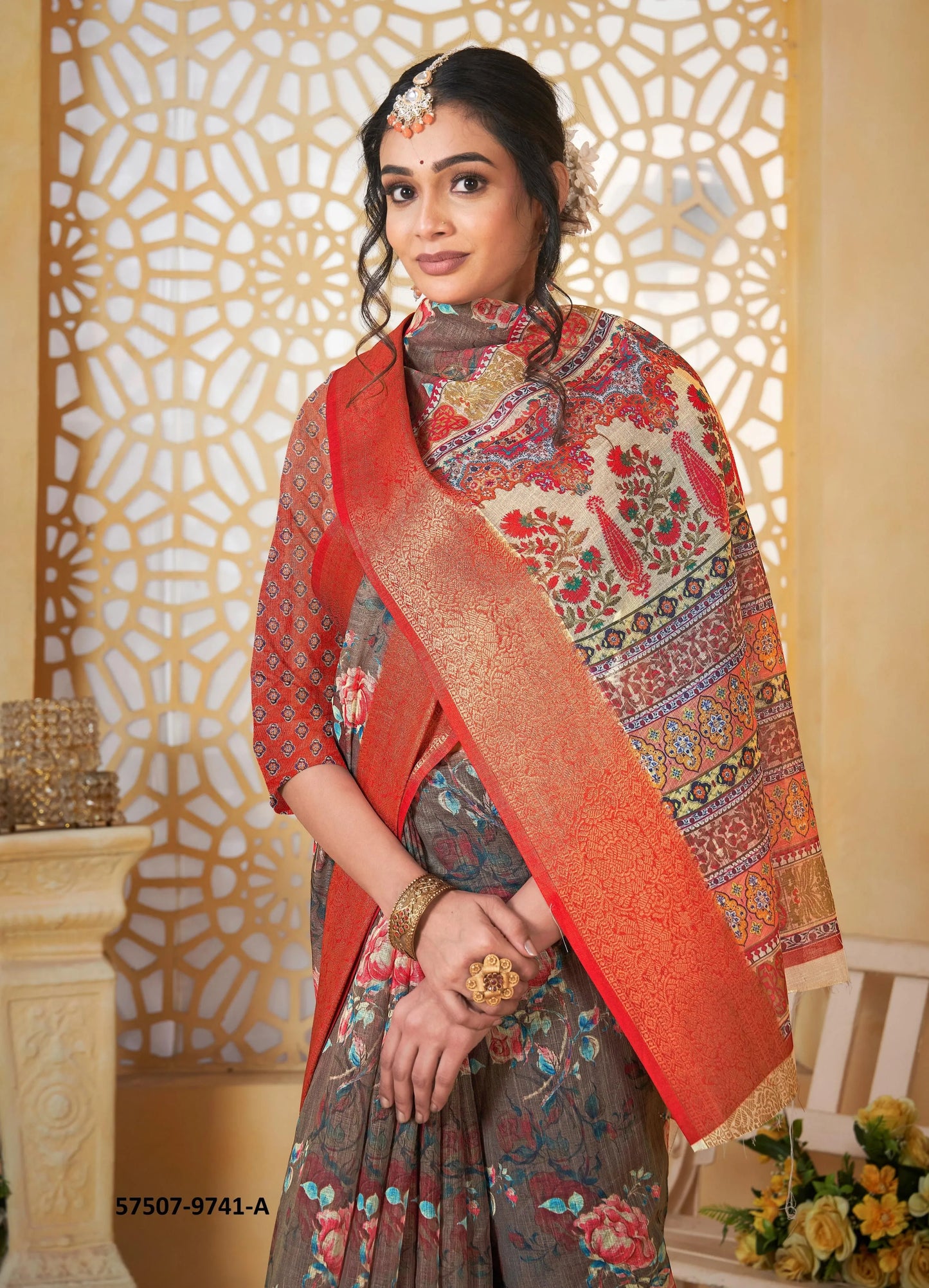 Warm Gray Linen Floral Digitally Printed Festive-Wear Saree
