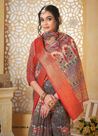 Warm Gray Linen Floral Digitally Printed Festive-Wear Saree