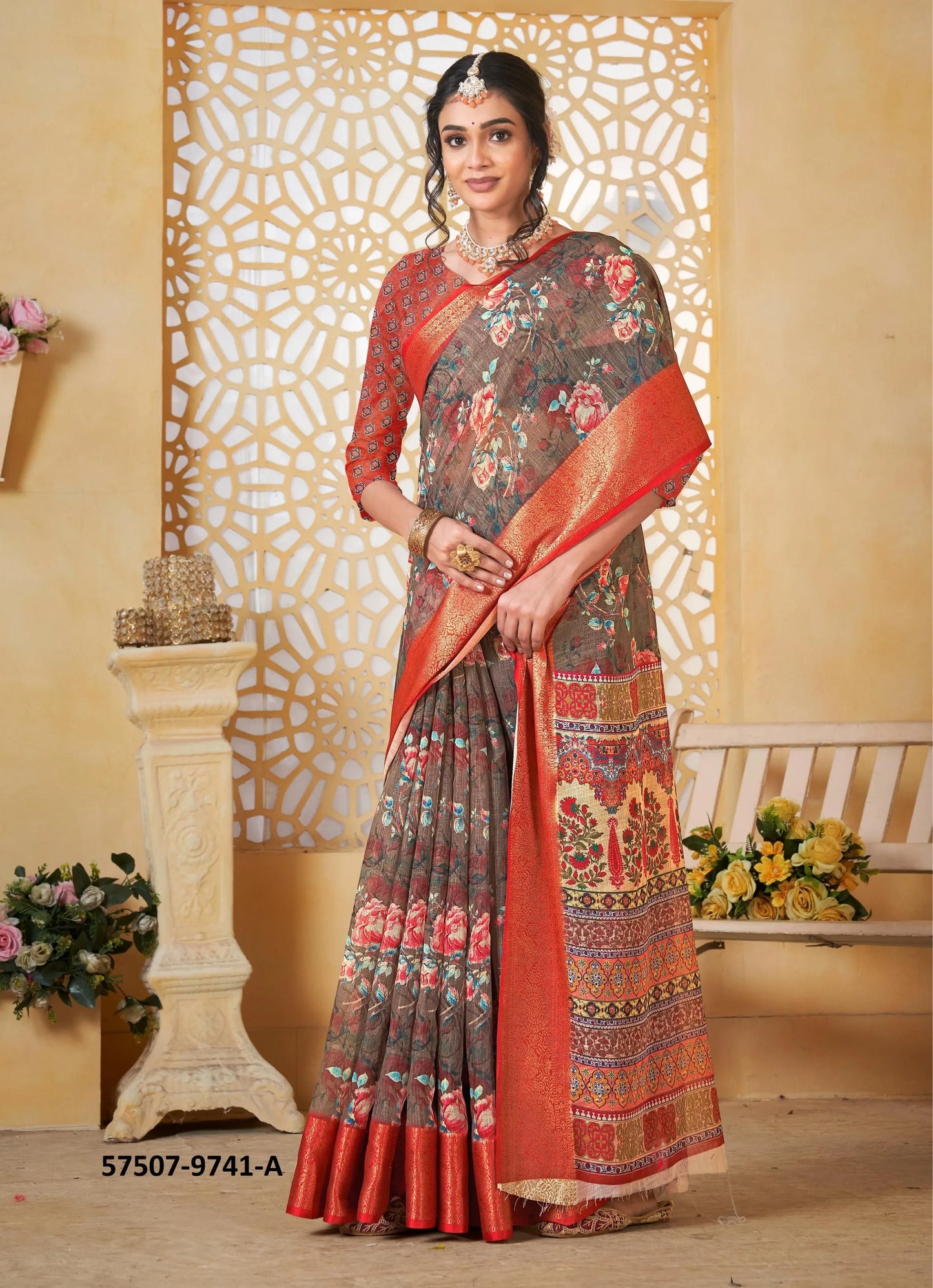 Warm Gray Linen Floral Digitally Printed Festive-Wear Saree