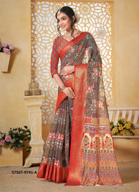 Warm Gray Linen Floral Digitally Printed Festive-Wear Saree