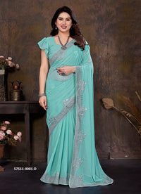 Aqua Georgette Stone-Work Festive-Wear Desi Saree