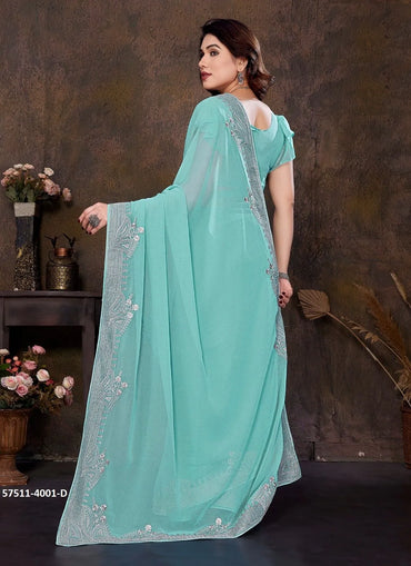 Aqua Georgette Stone-Work Festive-Wear Desi Saree