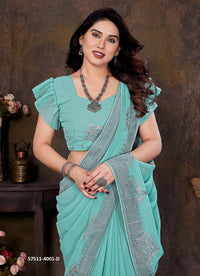 Aqua Georgette Stone-Work Festive-Wear Desi Saree