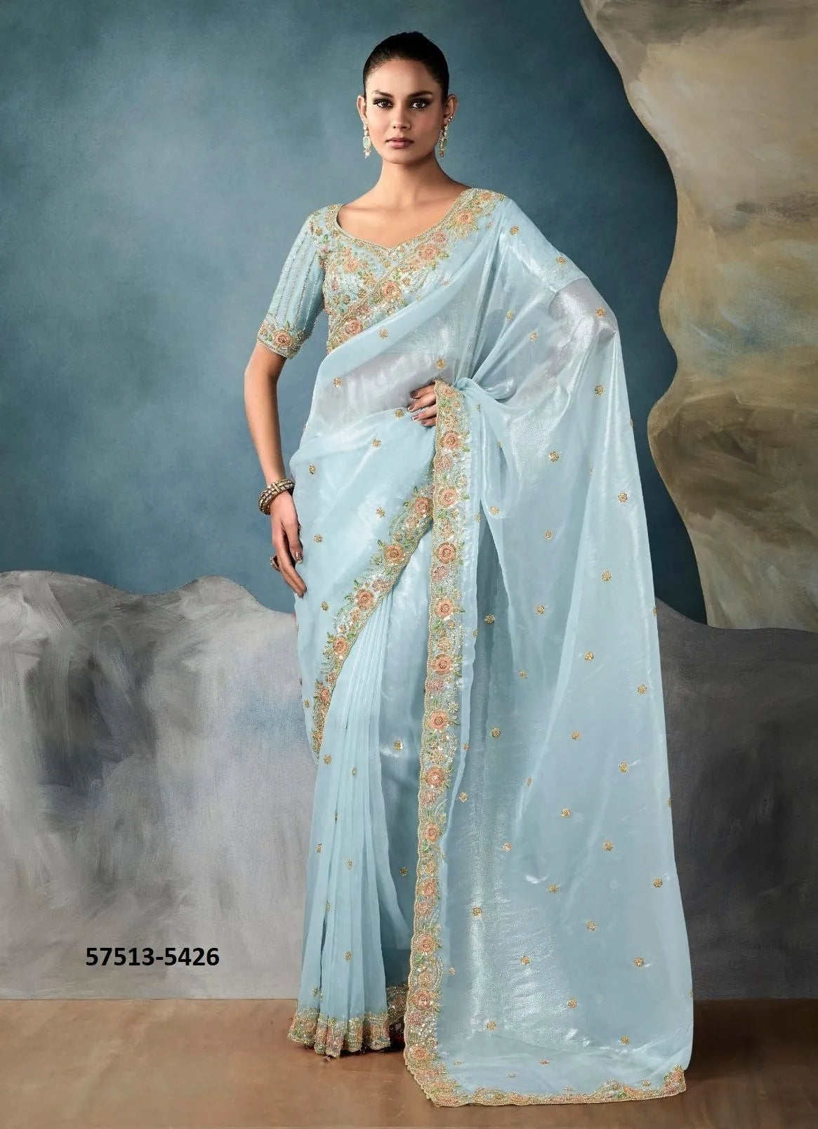 Light Blue Tissue Handworked Wedding-Wear Saree