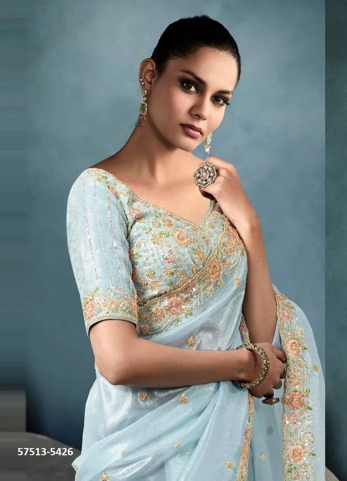 Light Blue Tissue Handworked Wedding-Wear Saree