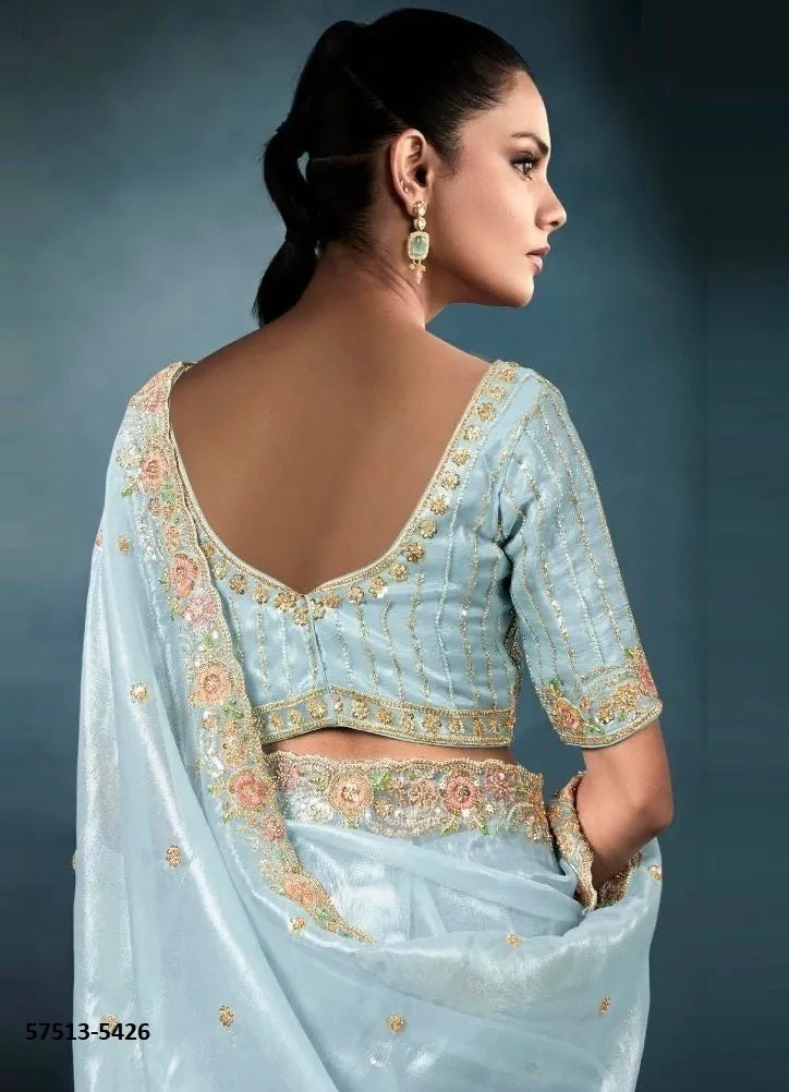 Light Blue Tissue Handworked Wedding-Wear Saree