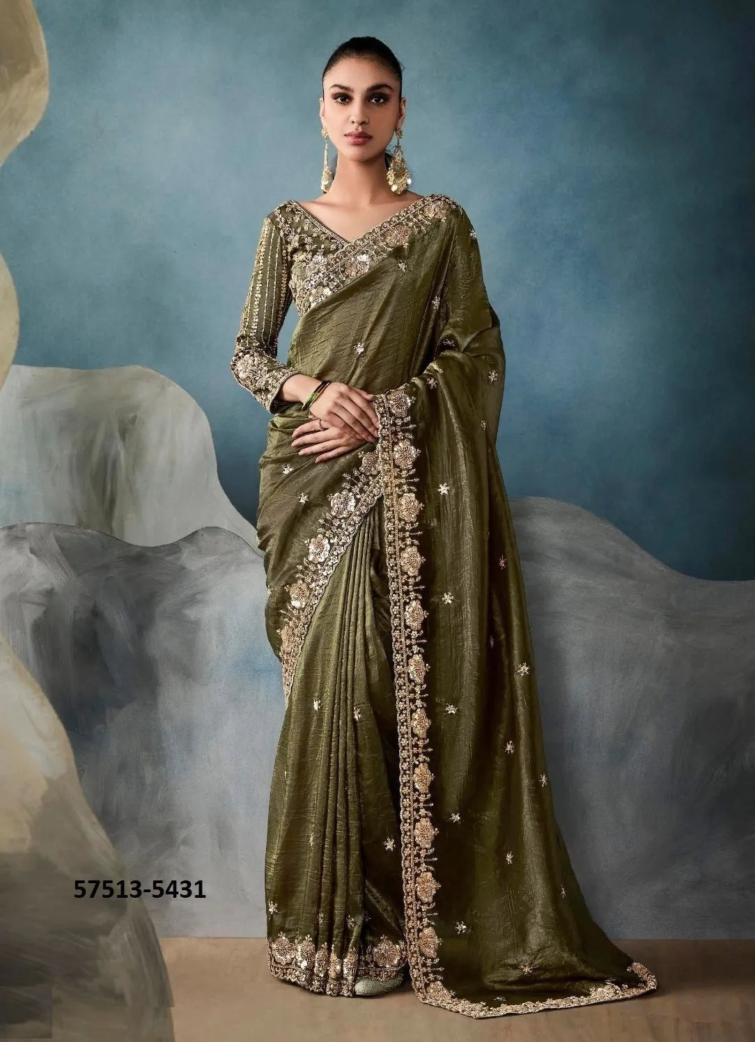 Olive Green Tissue Handworked Wedding-Wear Saree
