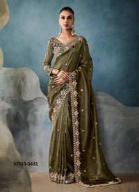 Olive Green Tissue Handworked Wedding-Wear Saree
