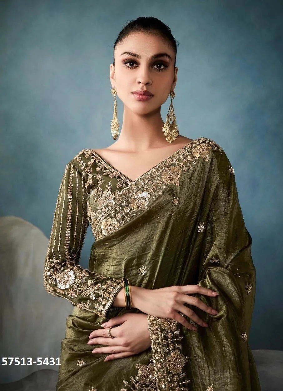Olive Green Tissue Handworked Wedding-Wear Saree