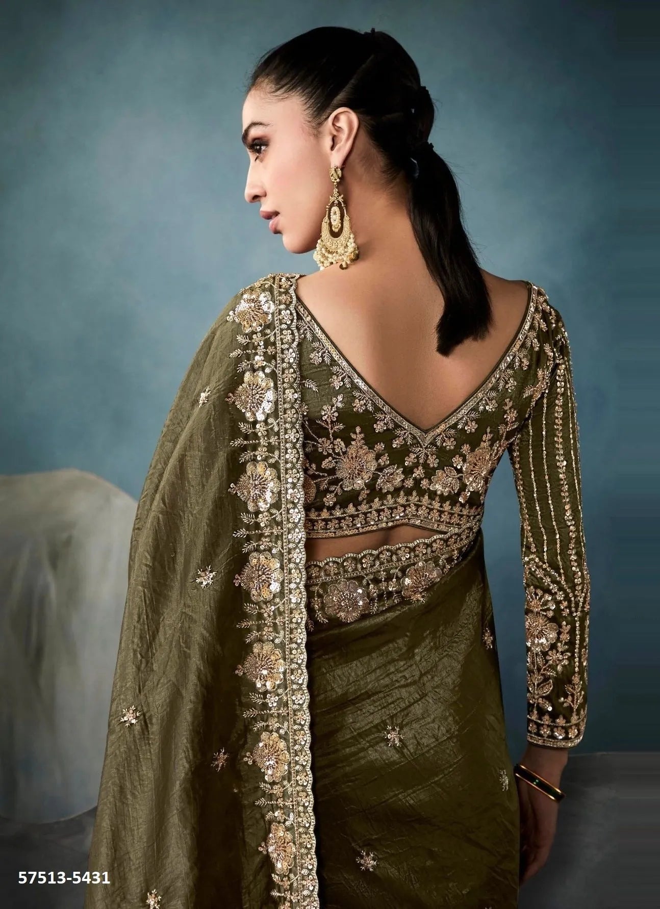 Olive Green Tissue Handworked Wedding-Wear Saree