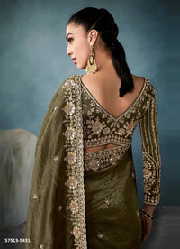 Olive Green Tissue Handworked Wedding-Wear Saree