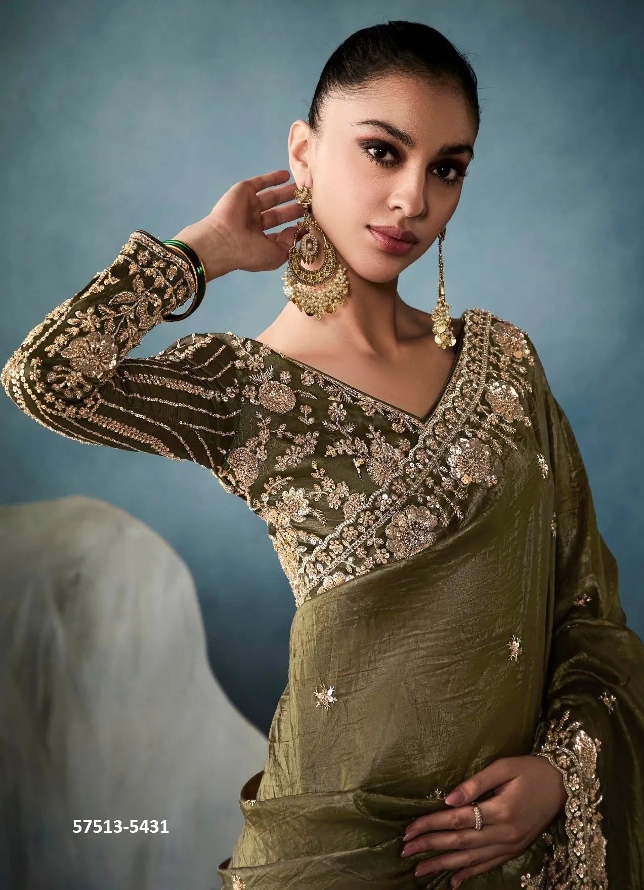 Olive Green Tissue Handworked Wedding-Wear Saree