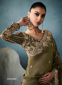 Olive Green Tissue Handworked Wedding-Wear Saree