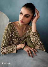 Olive Green Tissue Handworked Wedding-Wear Saree