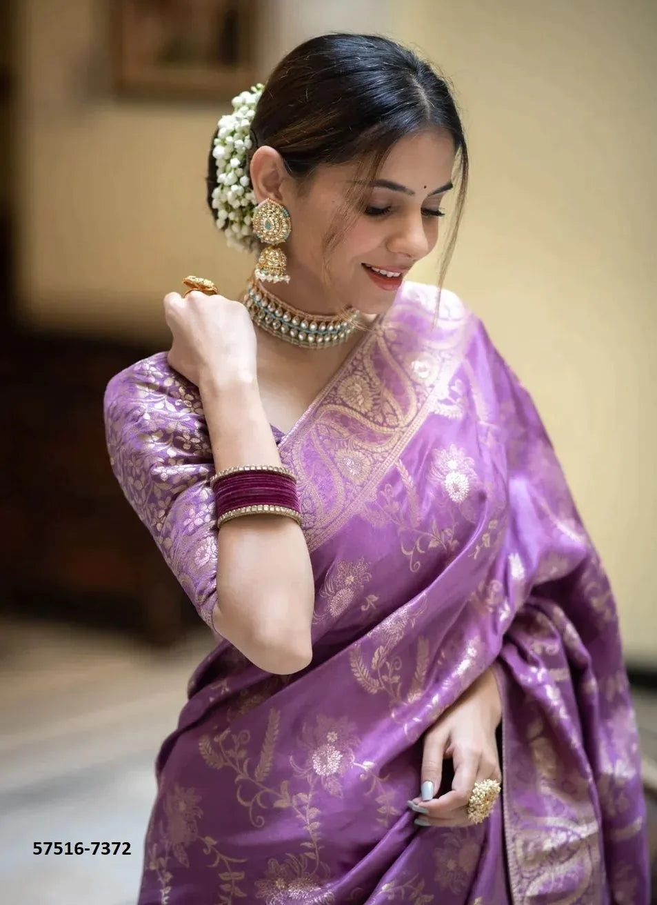 Lilac Silk Woven Jacquard Saree For Traditional / Religious-Occasions