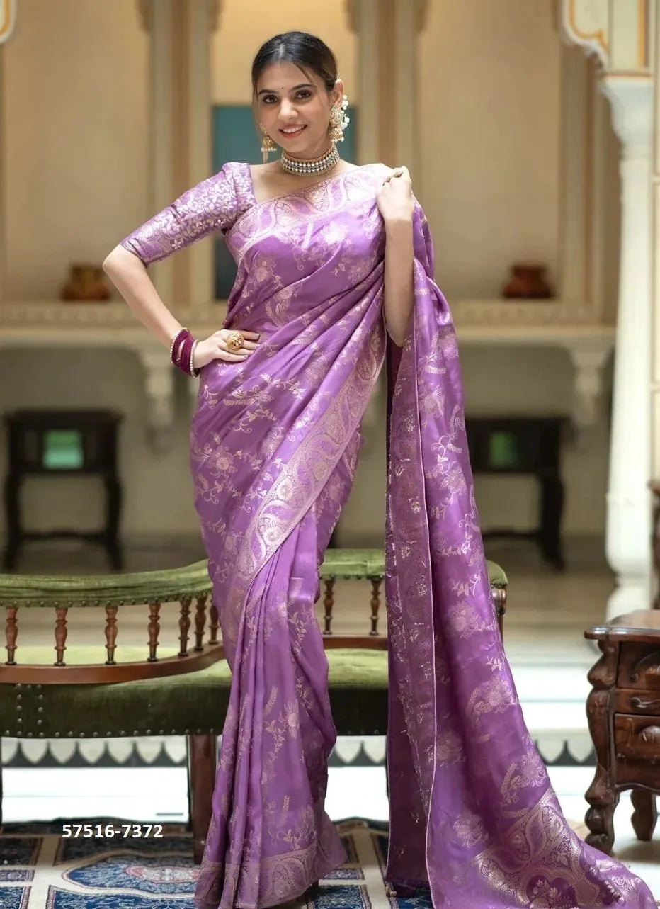 Lilac Silk Woven Jacquard Saree For Traditional / Religious-Occasions