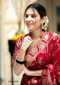 Crimson Red Silk Woven Jacquard Saree For Traditional / Religious-Occasions